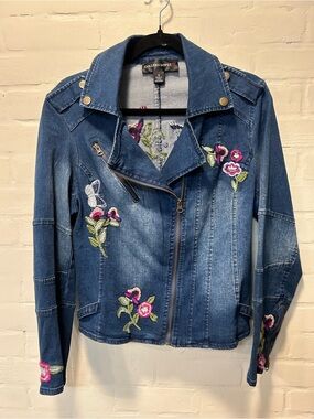 Colleen Lopez Embroidered Floral Denim Moto Jacket Butterfly Zip Size M